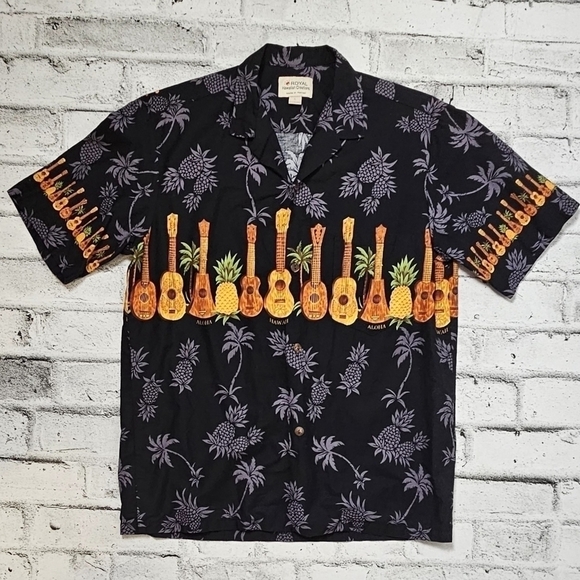 HAWAIIAN Ukuleles Pineapples Tropic Chestband Button Up Causal Shirt - Picture 2 of 9
